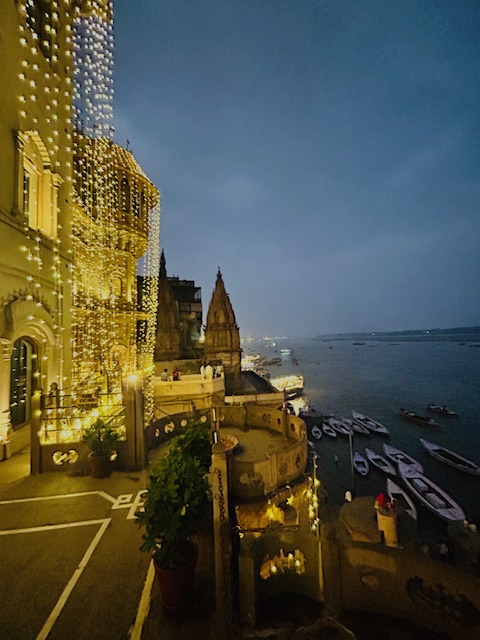 Night time image of the Hotel all lit up for Diwali, October 2024