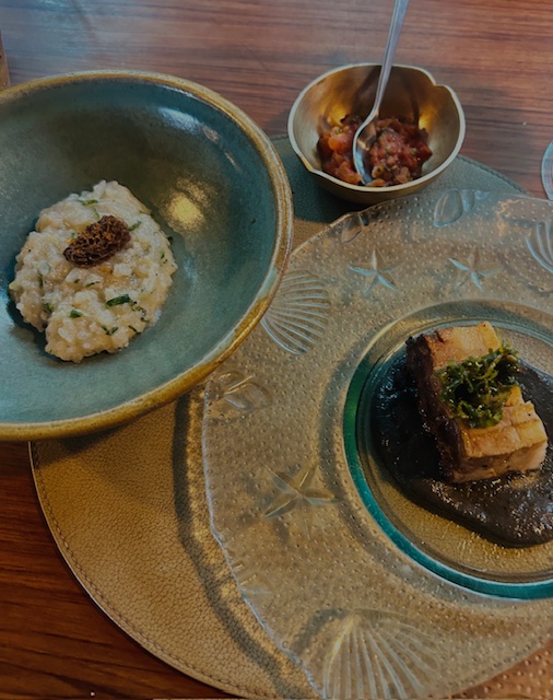 Nagaland Pork Rib Meat, black sesame coulis, tomato & fermented soyabean chutney, rice ‘porridge’ with morel