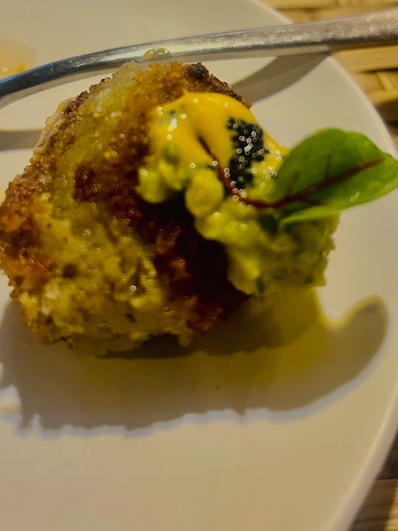 Crabmeat Cakes, Canacona Chili Masala, avocado, mango mole, tobiko