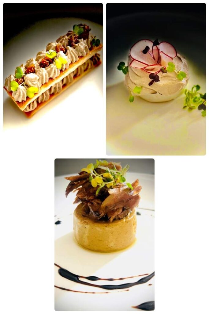 THE CHICKEN LIVER SERIES; Savoury Millefeuille of Chicken Liver Parfait, Semi-Sweet & Savoury Pavlova of Chicken Liver Parfait & Warm Baked Chicken liver Mousse, Pulled Duck Confit